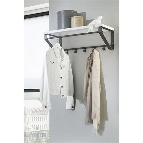 Garderobe murale avec étagère en MDF décor blanc et 5 crochets et 1