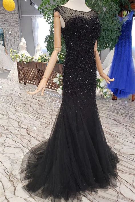 Black Mermaid Tulle Prom Dress With Sequins Sparkly Sleeveless Evening