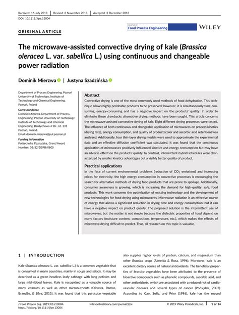 The Microwave Assisted Convective Drying Of Kale Brassica Oleracea L