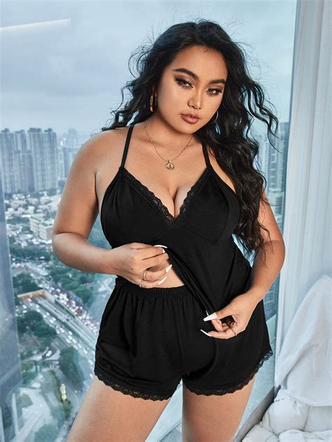 Plus Contrast Lace Criss Cross Backless Cami PJ Set