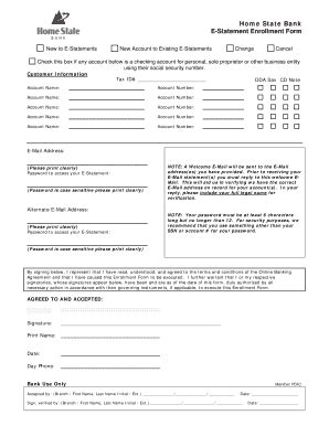 Fillable Online Home State Bank E Statement Enrollment Form Fax Email