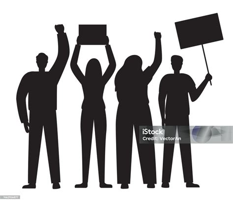 Vector Silhouette Of Group People Protest Isolated On White Background