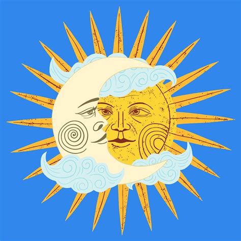 Luna Y Sol Juntos Ilustración Vectorial En Estilo Retro Vector Premium