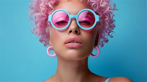 Premium Photo Fashionable Woman With Pink Curly Hair And Oversized