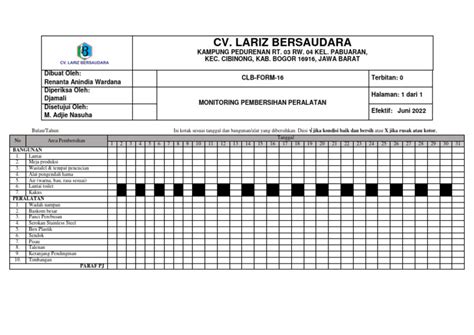 Clb Form 16 Formulir Monitoring Pembersihan Peralatan Pdf