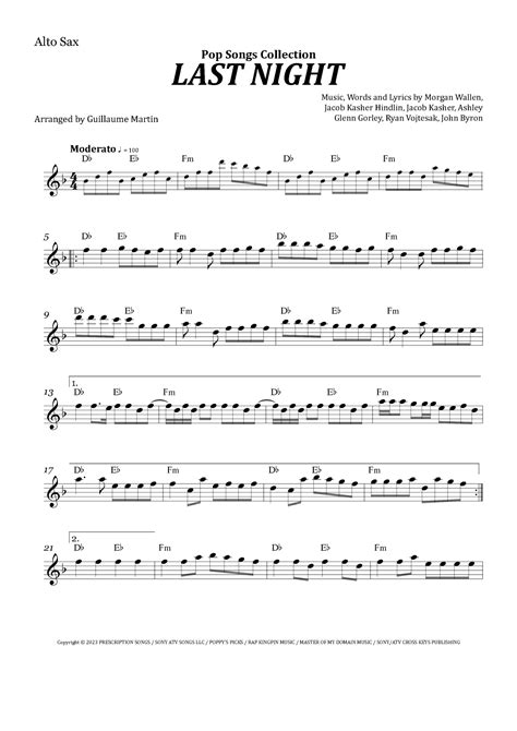 Last Night Arr Guillaume Martin By Morgan Wallen Sheet Music For Alto Sax Solo At Sheet Music