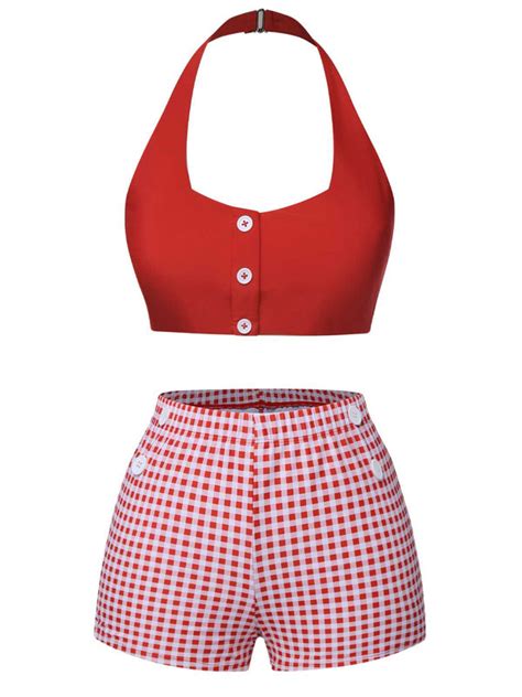 Red 1950s Halter Plaids Swimsuit Retro Stage