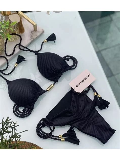 Bikini Frau Zwei Teile Dreieck Schnürsenkel Schwarz Mini Tanga Sgambato eBay