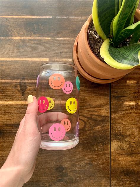 Multi Color Smiley Face Glass Mug Oz Pint Glass Can Etsy