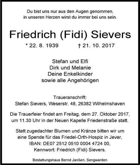 Traueranzeigen Von Friedrich Sievers Nordwest Trauer De