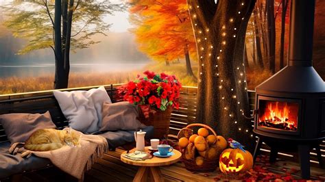 Autumn Cozy Ambience On Treehouse Porch With Falling Leaves Birdsong