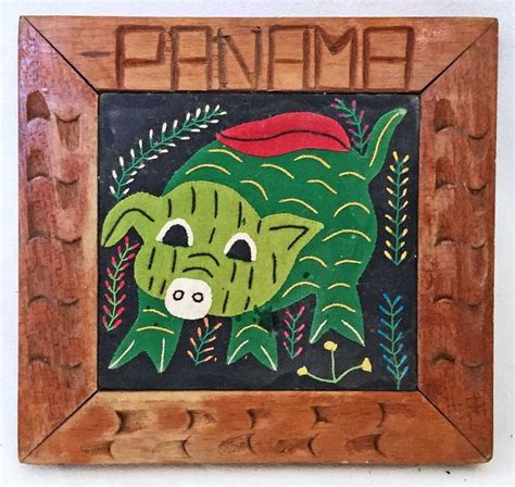 Mola Vintage Pig Piglet Kuna Indian Panama Framed Folk Art Figural