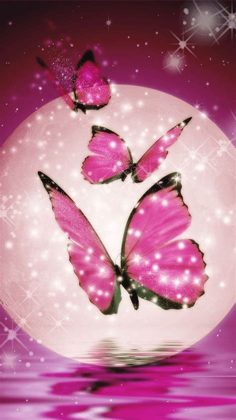 Two Pink Butterflies Flying Over The Water In Front Of A Full Moon With