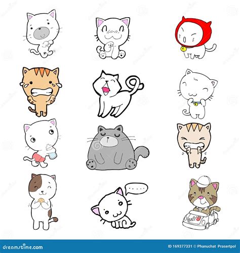 Conjunto De Dibujos Animados Tiernos Gatos Gatos Garabatos Con