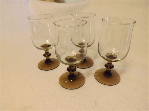 Vintage Set Of 4 Champagne Coupe Glasses Tawny Brown Bamboo Stem Tulip Clear Bowl Stem Footed