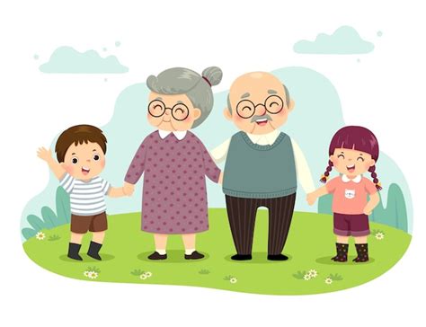 Premium Vector | Illustration cartoon of grandparents and grandchildren standing holding hands ...