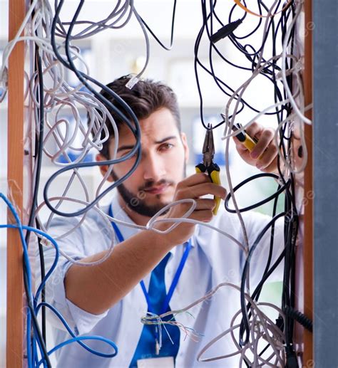 The Electrician Trying To Untangle Wires In Repair Concept Electrician