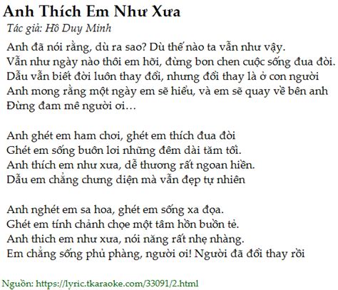 Loi Bai Hat Anh Thich Em Nhu Xua Ho Duy Minh Co Nhac Nghe