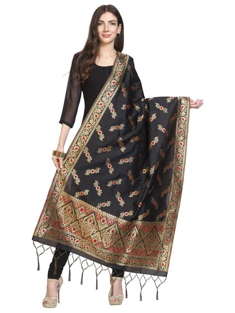 Black Poly Silk Banarasi Womens Dupatta Satrani Fashion 3160387