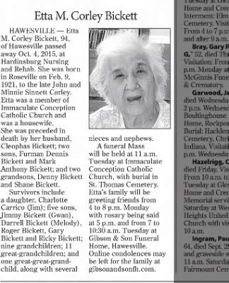 Obituary For Etta M Corley Bickett Aged Newspapers