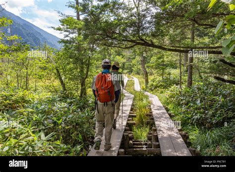 hiking  japanese mountains kamikochi japan stock photo alamy
