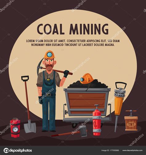 Coal mining. Miner character and tools. Cartoon vector illustration ...