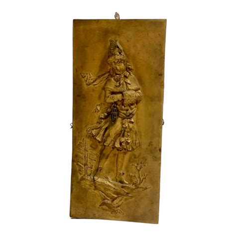 Antiga placa em bronze escultura auto relevo menina lenço