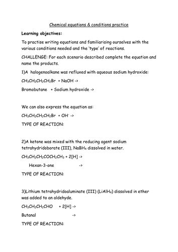 Wjec Ch4 Chemical Reaction Equations Teaching Resources