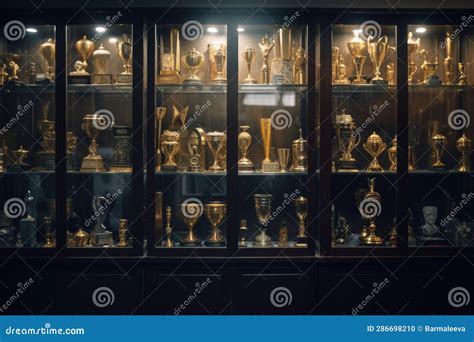 Trophy Display Case Shelf Made of Glass and Wood Full of Gold and ...