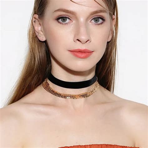 2017 New Elegant Double Layer Metal Sequin Choker Necklace For Women Velvet Neck Chocker Collar