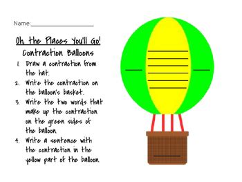 Oh The Places You Ll Go Hot Air Balloon Contractions Activity By Katie Cahoj