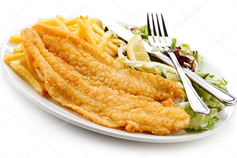 Fish Dish Fried Fish Fillet French Fries With Vegetables Stock Photo