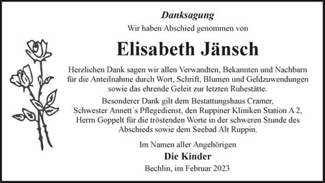 Traueranzeigen von Elisabeth Jänsch Märkische Onlinezeitung Trauerportal