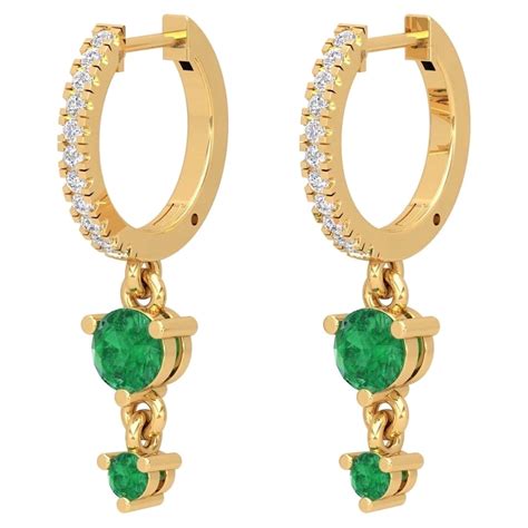 Double Drop Emerald Karat Gold Diamond Huggie Hoop Earrings For Sale