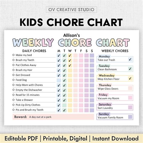 Editable Chore Chart for Kids Printable Kids Daily Weekly ...