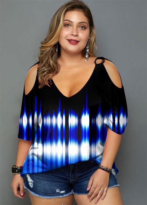 ROTITA Colorful Print Plus Size Cold Shoulder T Shirt Rotita