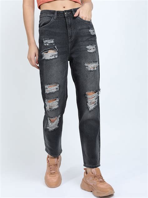 Buy Tokyo Talkies Women Charcoal Grey Mom Fit Highly Distressed Light