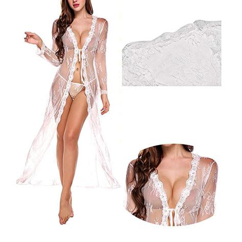 Alluring Lace Long Dress Sheer See Through Kimono Robe Nightgown For Women Sexy Lingerie Free