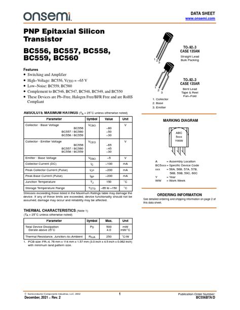 Bc A Datasheet Transistor Equivalent On Semiconductor