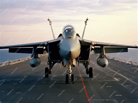 Premium Photo | F 14 Jet Fighter On An Aircraft Carrier Deck Viewed From Front