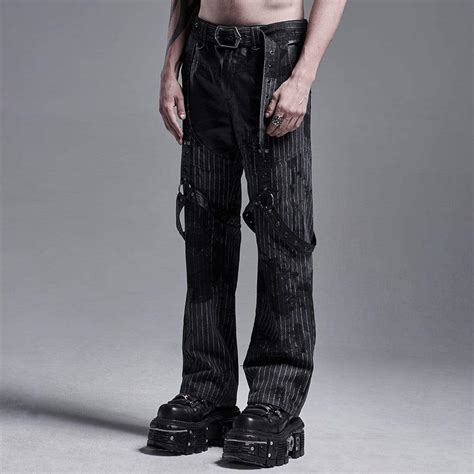 Mens Gothic Faux Leather Splicing Striped Pants With Harness Punk Design