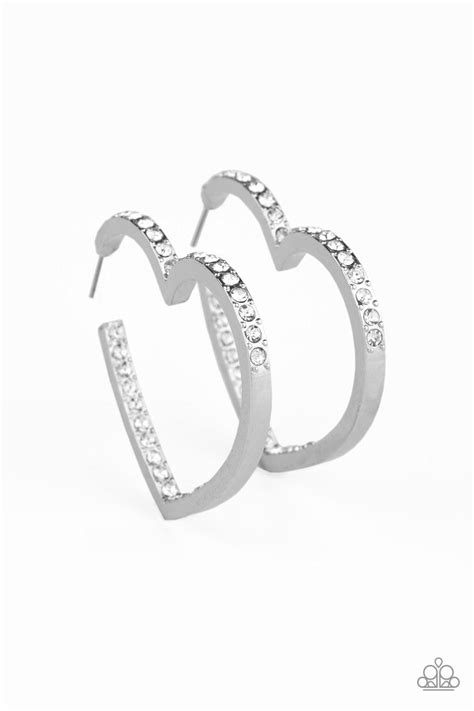 Paparazzi Heartbreaker White Rhinestones Silver Heart Hoop Ear