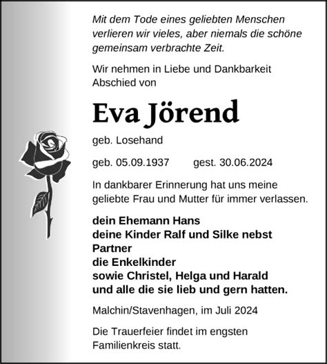 Traueranzeigen von Eva Jörend Trauer Nordkurier