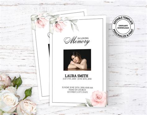 Editable Funeral Program Template With Blush Roses Floral Etsy