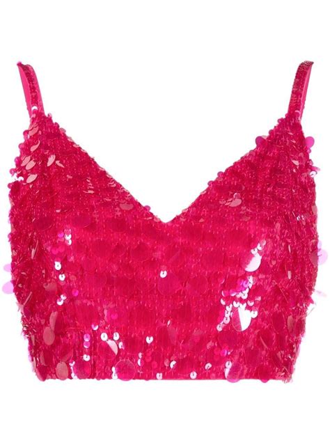 Parosh V Neck Sequin Embellished Crop Top In Pink Lyst