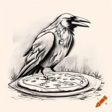 Black And White Drawing Of Crow Observing Pizza Slice On Damaged Grave