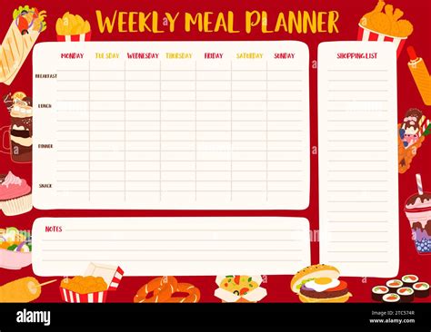 Weekly meal planner with fast food, desserts and drinks. Food plan week