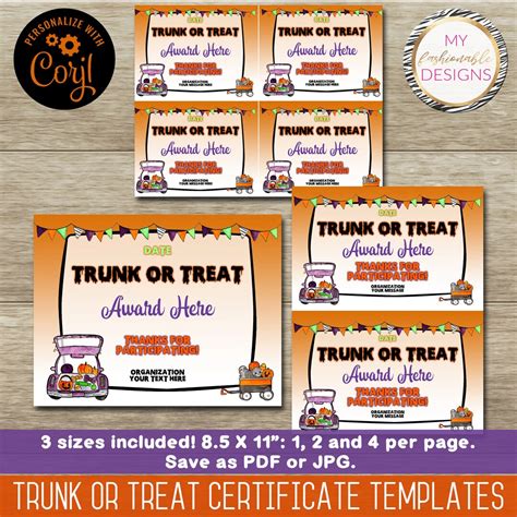 Trunk or Treat Certificate Template Set 3 Sizes - Etsy