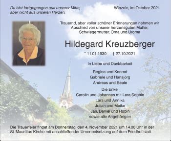 Traueranzeigen von Hildegard Kreuzberger Schwarzwälder Bote Trauer