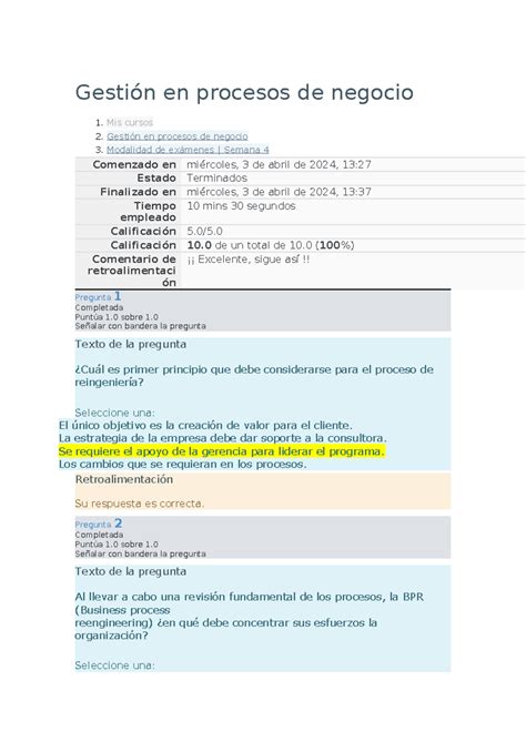 Examen Semana Gesti N En Procesos De Negocio Utel Gesti N En